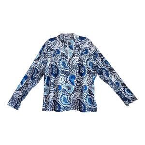 GOTTEX Women XL Activewear Top Golf Tennis 1/4 Zip Paisley Blue White Slim 44"
